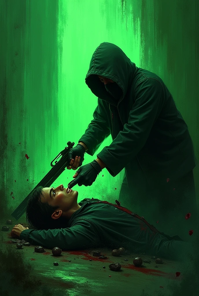 Someone is killing someone with green background of shooting 
