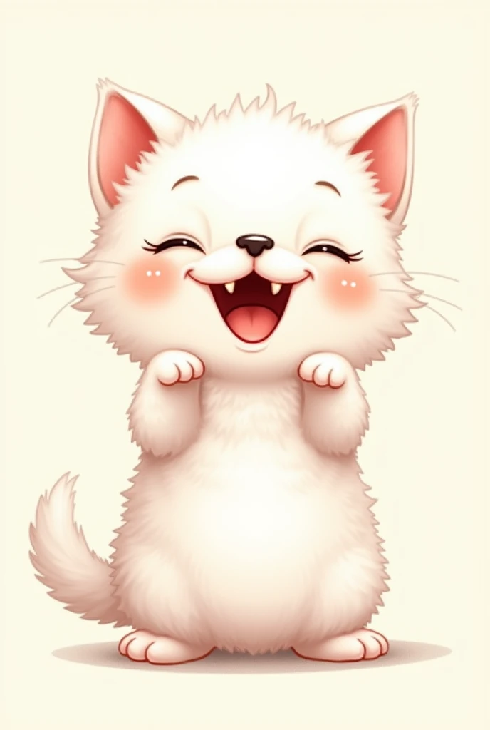 A white kitten with a black and brown nose ,showing his little paws standing and showing his fangs and looking very happy cute drawing