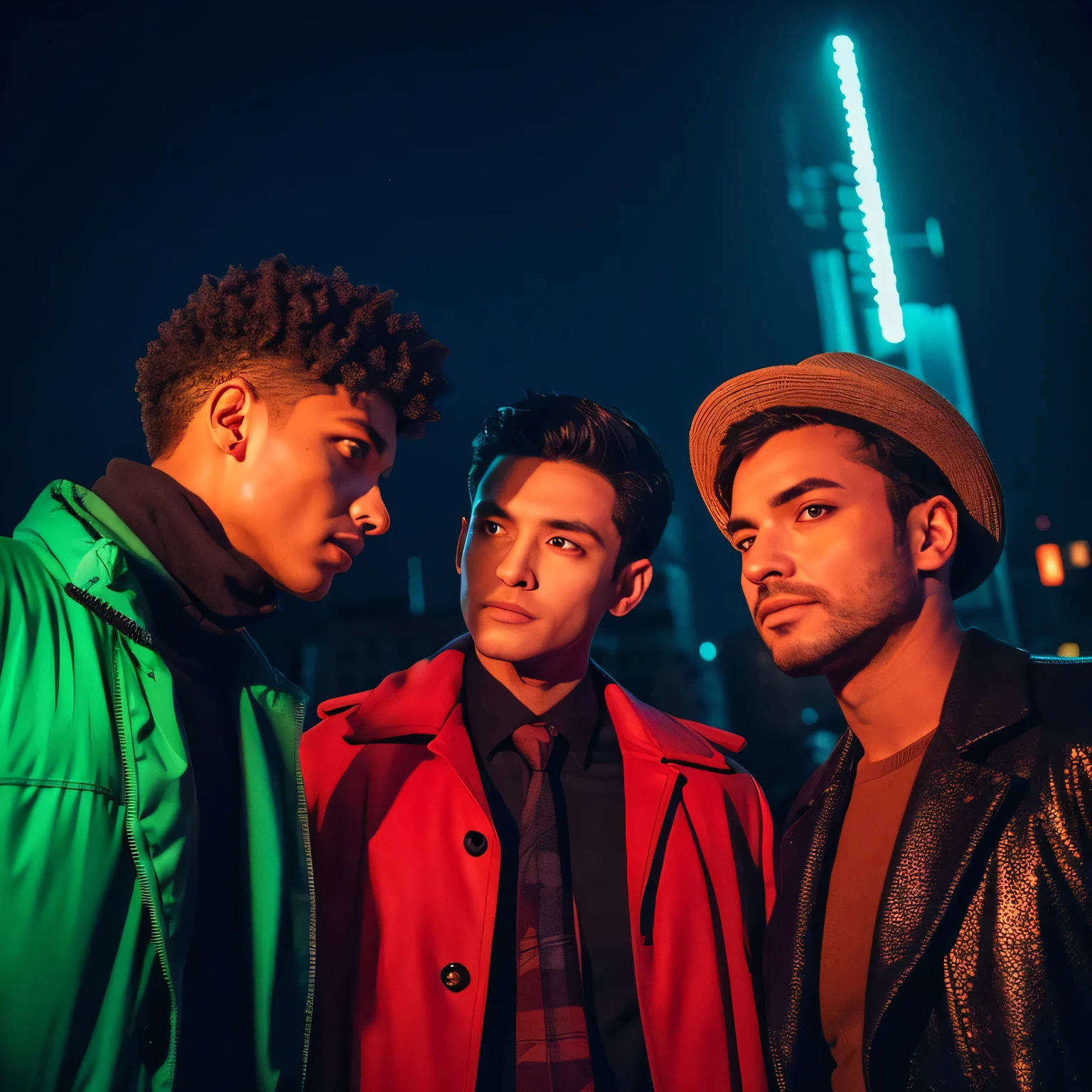 Three gay men looking up at the night sky,Downtown at night,neon,Fancy costumes,Heavy makeup,Masculine face,After shaving,Ultra-realistic,8k,
