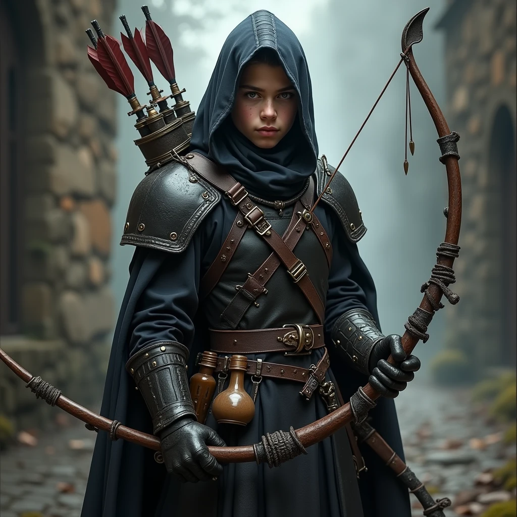 a medieval wizard, wizard warrior, leather armor, leather gauntlets, leather shoulder pads, warrior ager, bow and arrow, potions, Assassin outfit.