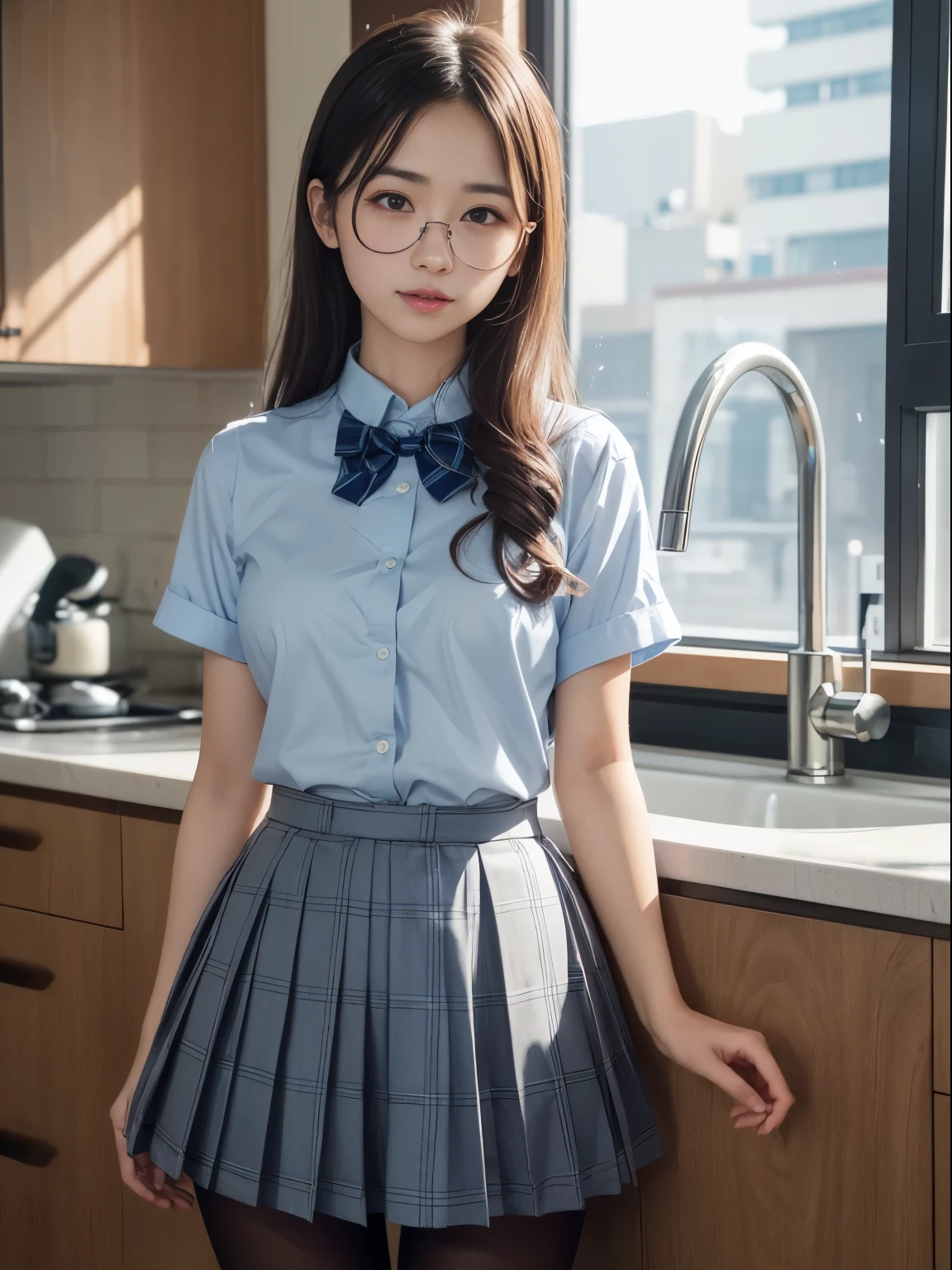 (8k、生photograph、 Highest quality、masterpiece:1.2)、(Small eyes)、((Black Pantyhose))、((Small breasts)、(Small breasts)、(Small breasts)、(Cutting board)、(Half an eye))、((Sleepy eyes))、((Squint your eyes))、(Round Glasses)、Droopy eyes、One person、cute、JK、high school girl、Japanese women、(Are standing)、(PhotoReactive:1.37)、Photon Mapping、Real、(Very delicate face)、round face、cute小さな顔、Brown eyes、(Red bow tie)、Radio City、Physically Based Rendering、Prospect、Character boundary depth、Blurred Background、photograph、、body、Beautiful feet、Long legs、Thin legs、(前hairが見える)、hair、lips、Blue_The目、Soft Nose、(Light blue shirt)、(Navy, blue and white plaid pleated skirt)、High school uniforms、See-through clothing、Thighs、black cotton socks、Nogizaka Idol、Japanese Idol