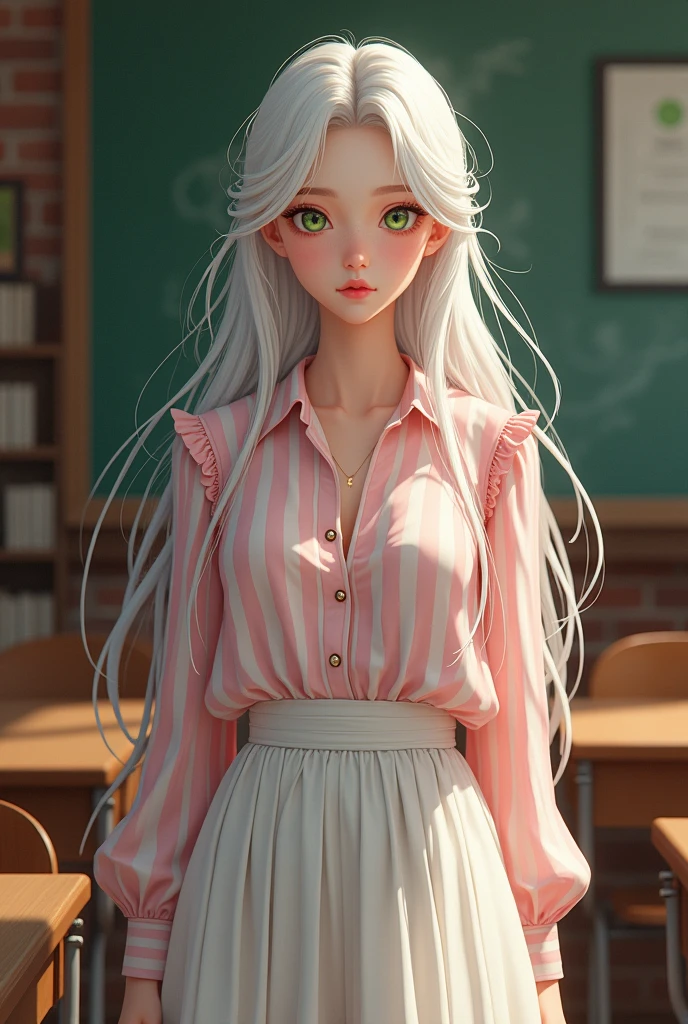 20 year old girl, waist-length white hair, bright green eyes 2D Image Long Sleeve Blouse, white and pink striped color, White skirt reaching mid-thigh In the background a university classroom 
