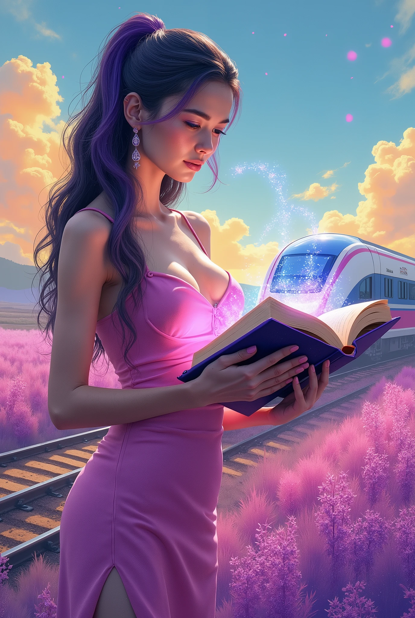 a very beautiful sexy attractive model with unique purple and black mixed long hair, wearing a long pink dress that is super slim and tight showing off her sexy and gorgeous body, she holds a magic book with colorful waves floating around the book. She is very beautiful and sexy and is in a unique colorful lilac field of orange yellow blue purple white red, with a modern high-speed train on the tracks in the background. The sky is clear with peaceful clouds and the overall mood of the image is dreamy and serene. The woman seems to be absorbed in looking at the magic book, with her best eyes and smile very attractive a serene expression, mixed media and watercolor, artistic masterpiece, fantasy, super sharp overall, superb resolution