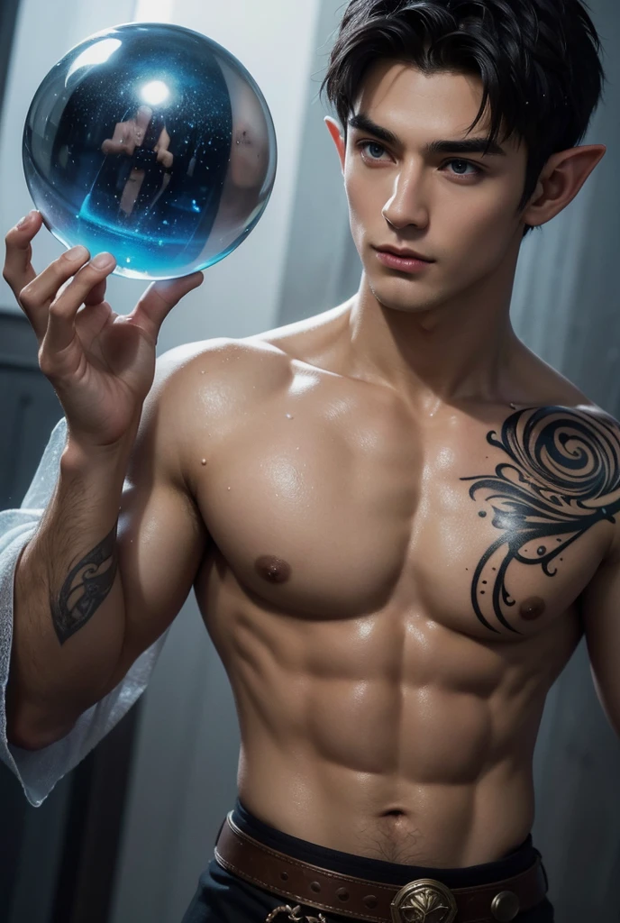 Absurdres, Masterpiece, Excellent, a tall handsome muscular young elf, male, solo, perfect facial features, (short hairstyle:1.5), sexy gaze, beautiful, gorgeous, wet, digital painting, (wizard), slimming, gray pupils, (floating crystal ball), wizard outfit, relax, detailed background, Fantasy, Magical, Mystical, Ethereal, Unique Style, Surreal, Symbolic, magical tattoos, looking at the viewers romantically,