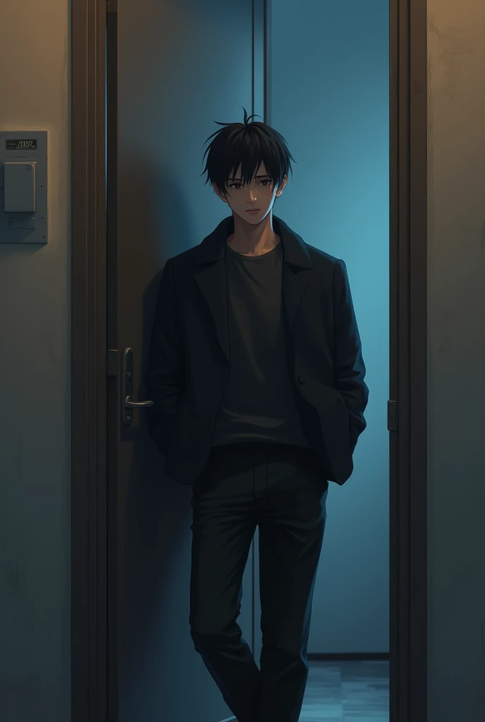 A black-haired boy with black eyes of 1.87 tall leaning one arm on an apartment door