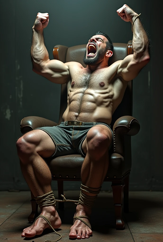 A handsome，Orc with abs tied to a chair，Shoes taken off，Revealing two big bare feet，Both feet are locked in the foot，Feet raised，Soles facing forward，Five toes tied with rope in foot，His hands were tied tightly to the chair.，Raise both hands above your head，Exposing the arm socket，His upper body was stripped，Wearing only a pair of trousers，Being tickled by a man in a cap，His armpits were constantly tickled by feathers.，The soles of his feet were being scratched by two brushes.，The toes are also tickled by the feathers growing from the toes.。The abdomen is scratched with a brush，And he laughed，Struggling hysterically，Swinging his two feet，I want to escape from this nightmare.，But can only endure the punishment of being tickled。*（Have an expression of laughing like being tickled，Keep your feet elevated，The soles of your feet should face the screen）