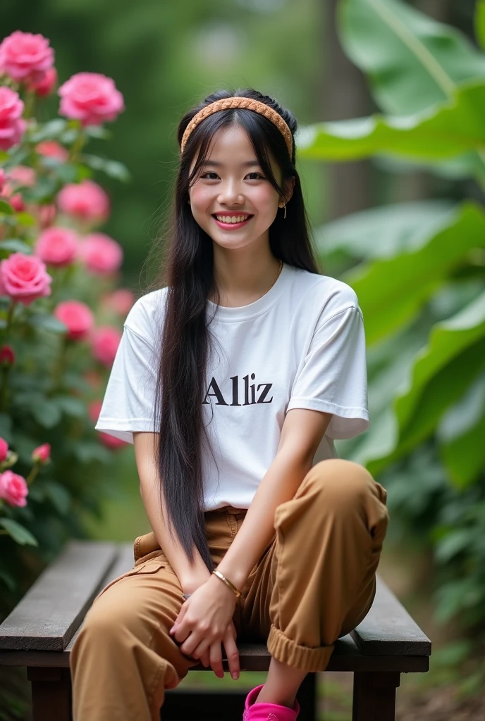 Create a full body beautiful Thai women smiling, wearing a white t-shirts with say's " alliz " and brown cargo pants, and pink beautiful shoes,  black long braids hairstyles with brown headband, sitting on the bench garden with flowers rose and the right side has green leaf like banana, looking at the camera.