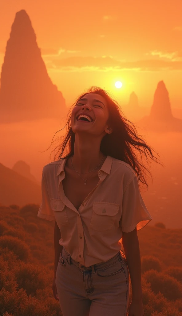 A person who is laughing as if free from problems, a confusing atmosphere with a unique panoramic background, there is a reddish yellow bias in the sky and an atmosphere that is rarely known to humans man.