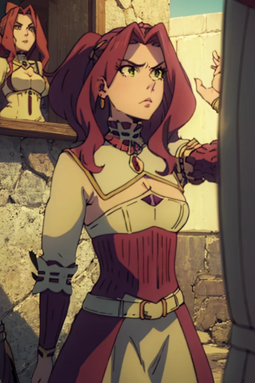 Malted Melromac, Upper body, 1 girl, Red jewelry, Green Eyes, Red hair, Steel Armor, belt, Neckline, Bare shoulders, Purple skirt,Large Breasts, Huge breasts, Large Breasts, Huge breasts, Microdress is bigger than heat, bodycon, eyes lashes, cleavage, navel, corruption, (o-ring), choker, jewelry, earrings, necklace, holding a gun, holding, handgun, big breasts, huge breasts, masive breasts, enormous breasts, nipples