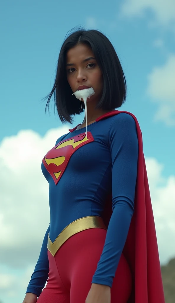 colombian girl, black hair, bob haircut, black eyes, supergirl in tight bodysuit, supergirl costume, sky background, full body, ultra realistic professional photo, look at viewer, RAW photo, white goo on mouth, goo dripping from mouth
