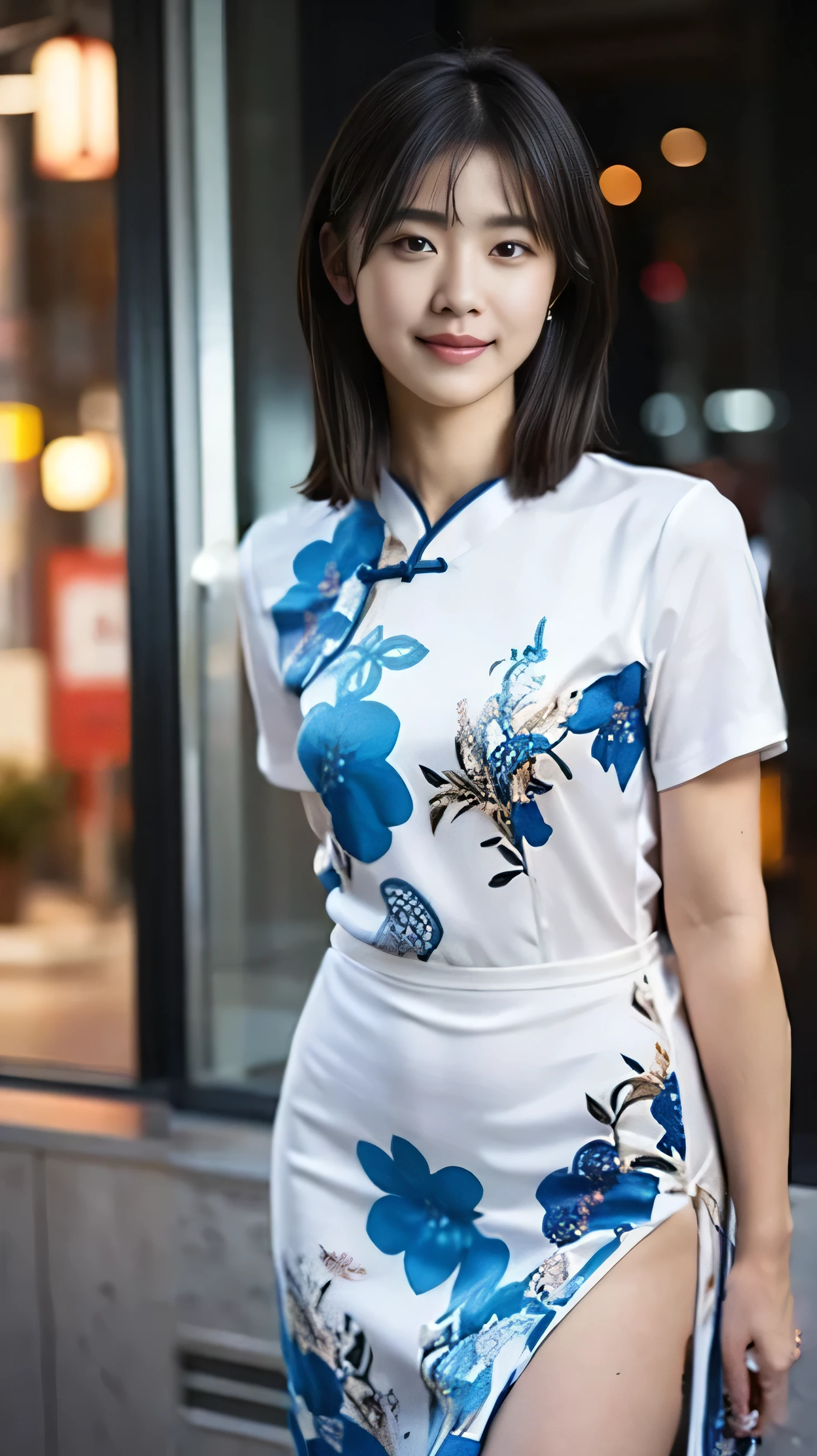Araffe asian woman in a white and blue dress posing for a picture ...