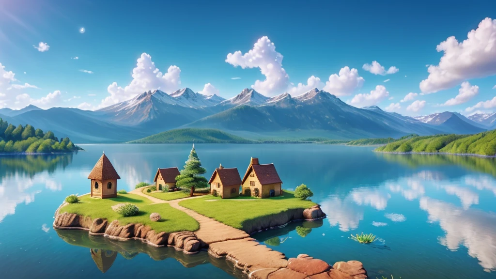 Close-up of a small magical drop of water on top of a lake, ultra detailed, High resolution, HdR, masterpiece:1.2, realist, vibrant colors, Disney-Pixar style, Realistic representation,