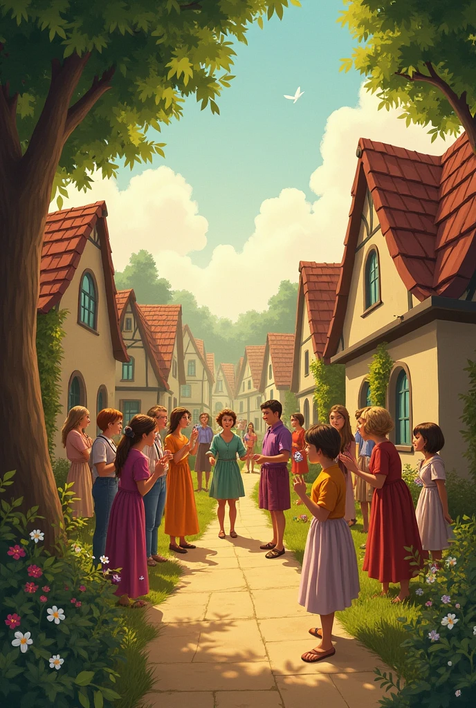 Le livre se refermant doucement, avec un dernier regard sur une illustration de la fin heureuse du village.