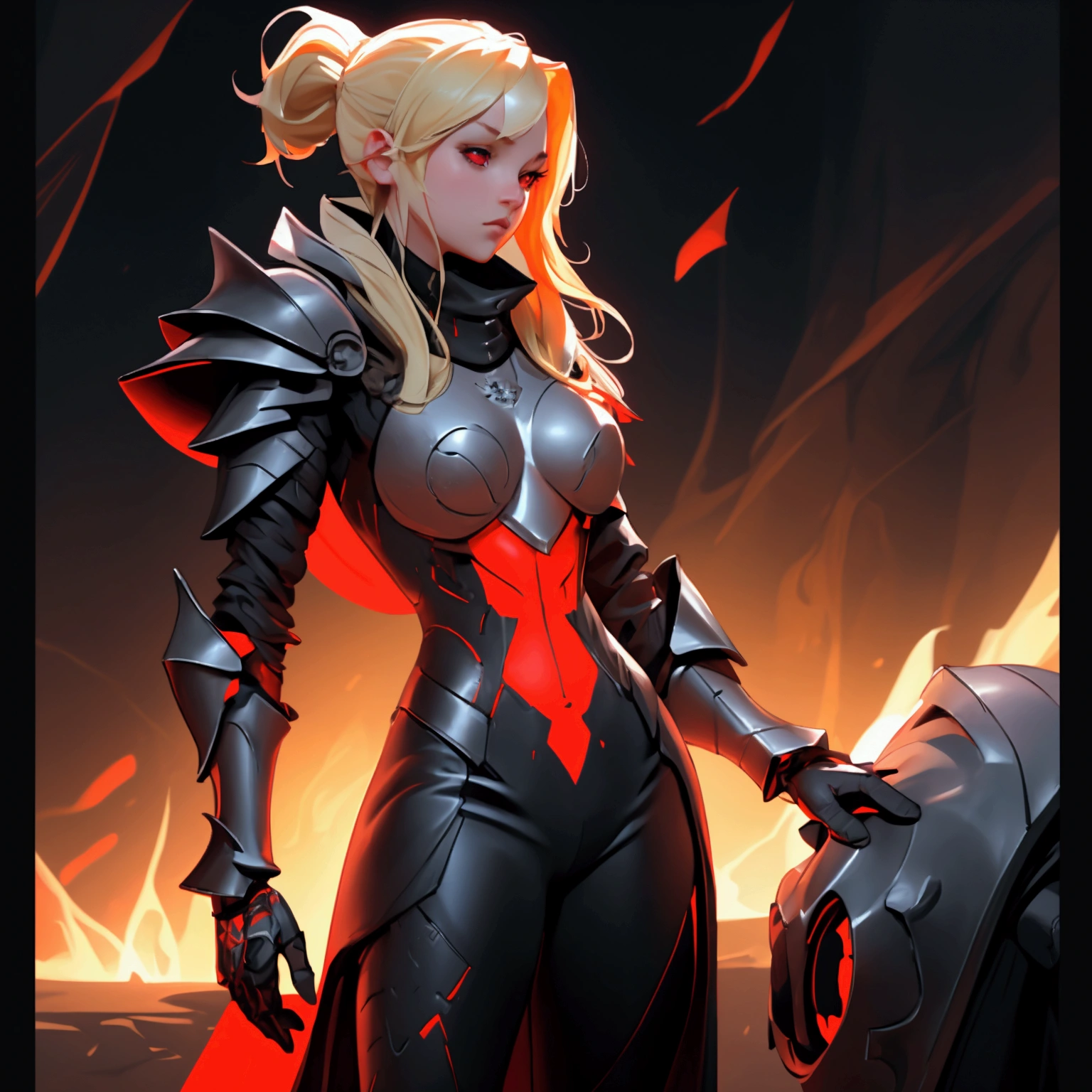 envision a 8k, highres, cinematic, beautiful full body concept art design sheet of a girl with pretty mature features with blonde hair, red eyes, goggles, black tight suit, fantasy armor, jrpg inspired armor, in dark lighting, against a dark gray background