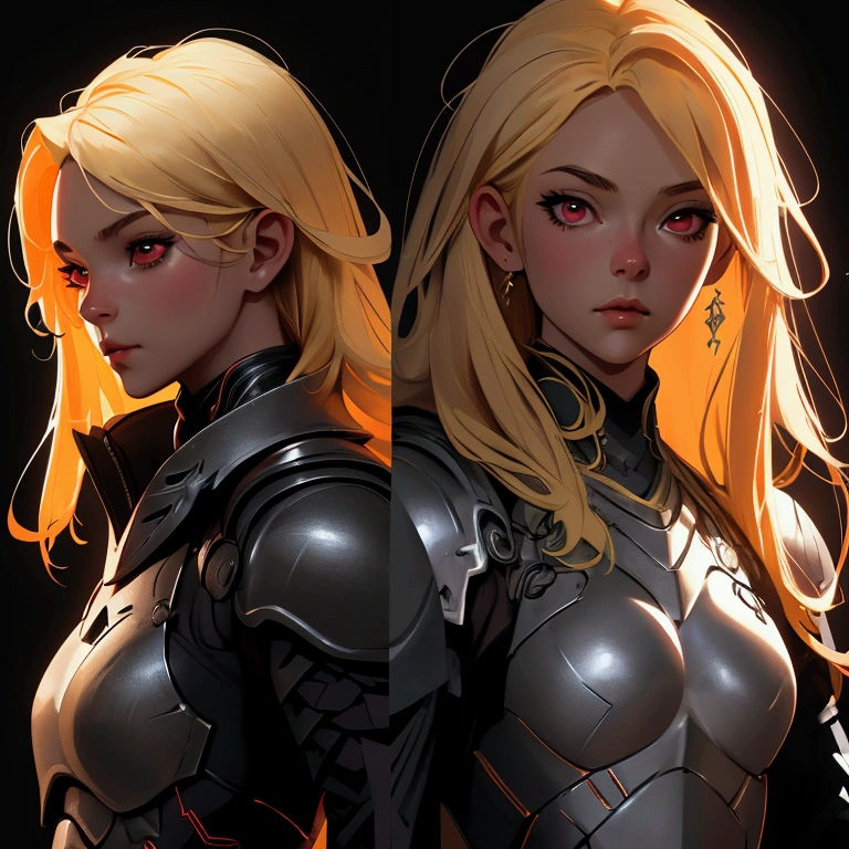 envision a 8k, highres, cinematic, beautiful full body concept art design sheet of a girl with pretty mature features with blonde hair, red eyes, goggles, black tight suit, fantasy armor, jrpg inspired armor, in dark lighting, against a dark gray background