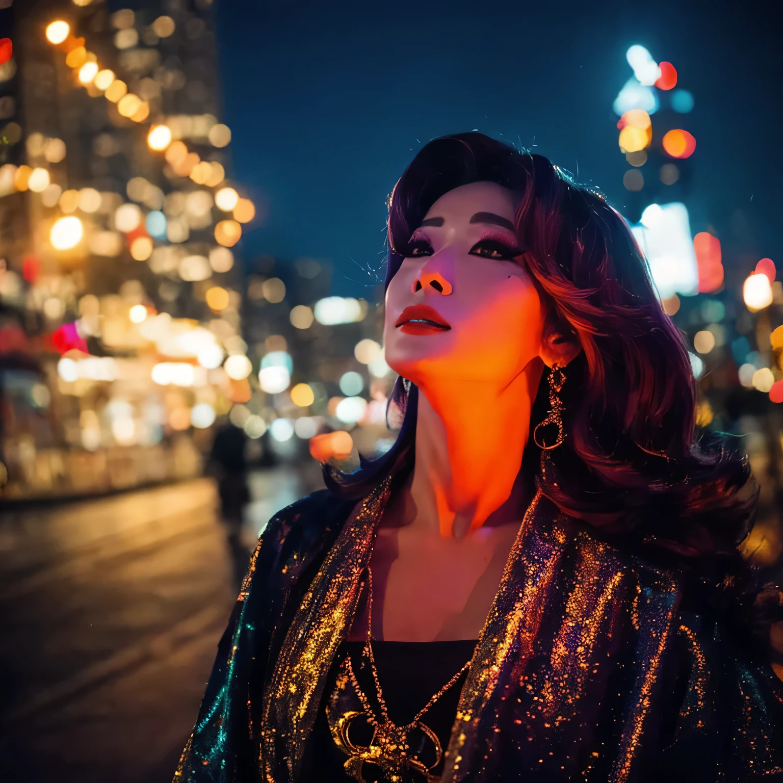 Japanese drag queen looking up at the night sky,Downtown at night,Fancy costumes,Too much exposure,Heavy makeup,Masculine face,After shaving,Ultra-realistic,8k,
