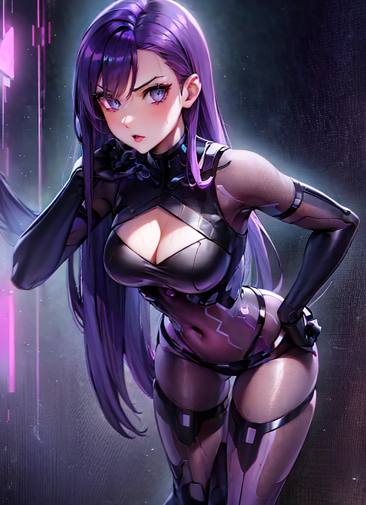 Anime Girl with dark purple hair and black gloves posing, seductive Anime Girl, female action Anime Girl, Android Heroine, cyberpunk oppai, Komi Shouko, tough pose, female anime character, biomechanical oppai, Anime Girl of the future, katana zero video game character, Robot Manga Anime!! Anime Girl, perfect android girl, official character art