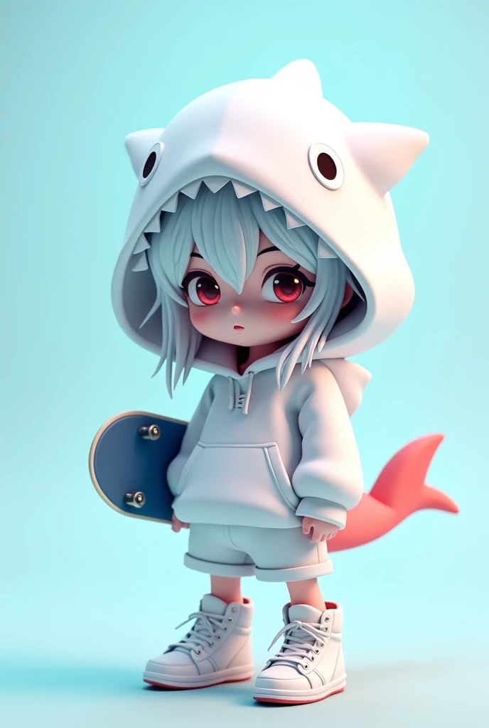 Wearing an oversized white shark-themed hoodie with a hood shaped like a shark&#39;s head and a tail on the back、Highly detailed 3D chibi character with messy white long hair。Charactersまた、She is wearing matching white shorts and high-top sneakers.、It gives off a cool and edgy vibe.。The character&#39;s facial expression is confident、One eyebrow is slightly raised。The background is a soft gradient light blue.、Complements the character&#39;s overall color scheme。Style、Focus on streetwear aesthetics、Cute but a little rebellious。Characters、Holding a skateboard。