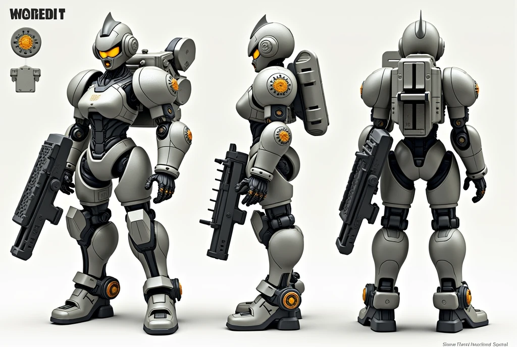 A female themed warbot, cute woman, mechanical face, back lit eyes, spike helmet hair, rugged design obvious metal slabs and big bolts, large weapons displayed with her including laser rifle with rocket launcher, (show her from head to toe, all 3 angles front, behind, and side, simple pose) character design and display page, photo realistic, hyper realistic