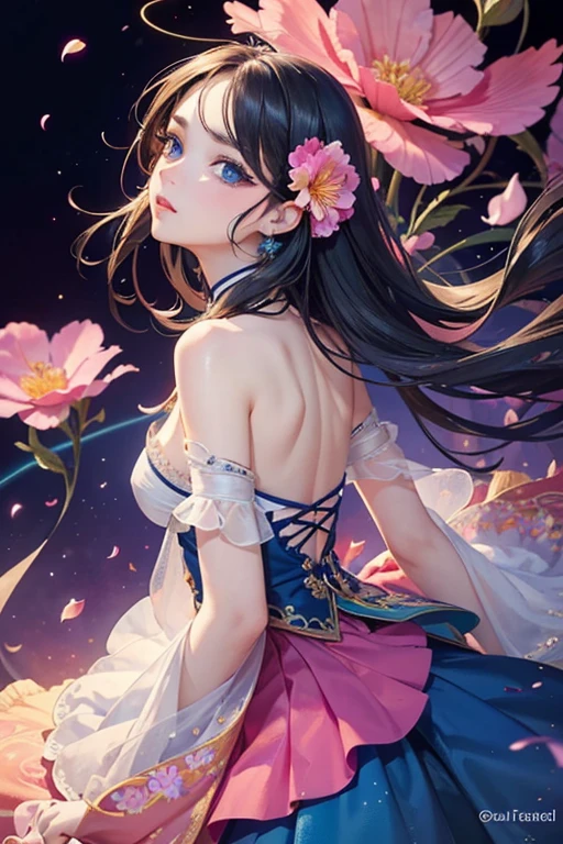 (One girl, alone, From the side From the side), Very detailed, (Abstract background, Tangled, Fractal Art:1.3), (Colorful, colorful:1.1), (Fater, petal, Flowers Bloom:1.3), Dynamic Pose, 耳Nipple Ring,Portrait of a Princess, , In the art style of Bouwater, Baroque style fluffy skirt,Fantasy art style, Beautiful fantasy maiden,Exquisite and perfect facial features,Beautiful and delicate eyes,Long eyelashes,Delicate eyeliner,blue eyes,Dark pupils,,There's a light in the eye,Almond Eyes,Beautiful lip detail,8K high-resolution cutting method correction,Oil painting, thick paint style,Messy black hair,cottage in the woods,colorful birds