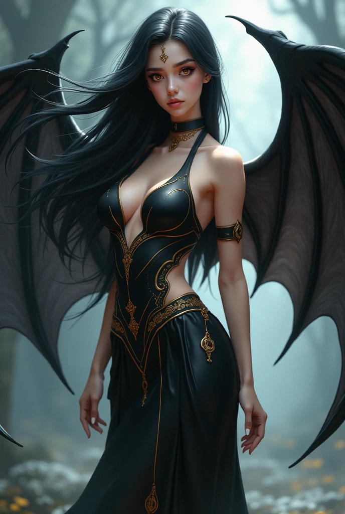 Beautiful adult woman with black hair and amber eyes with perfect curvy anatomy, Black ancient Greek costume with anime style bat wings