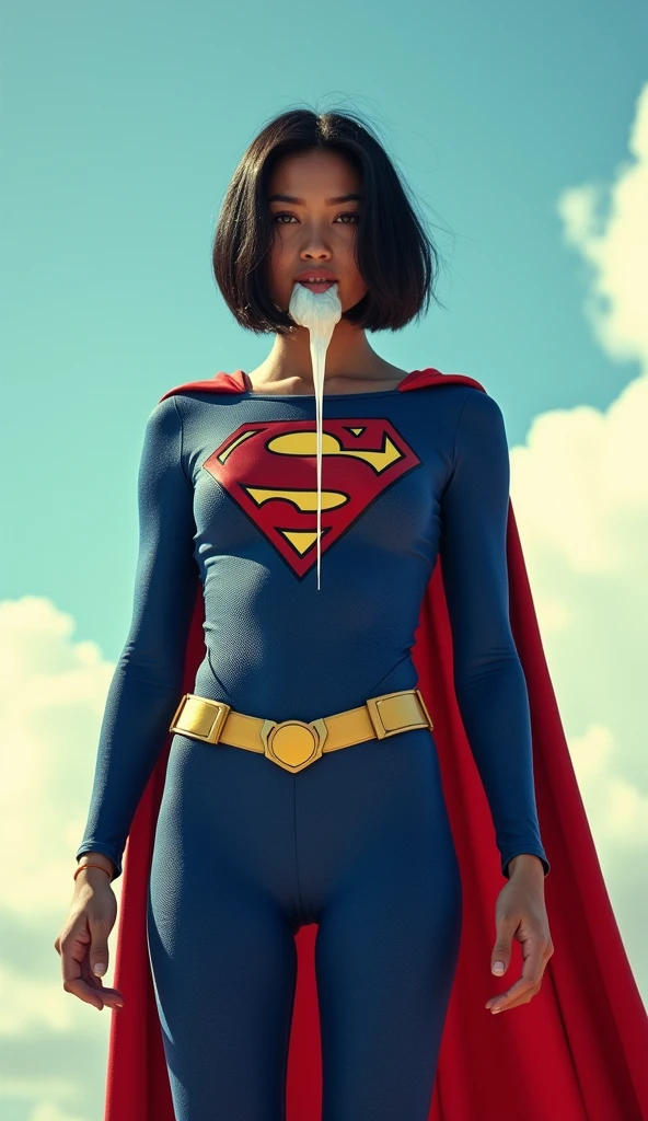 colombian girl, black hair, bob haircut, black eyes, supergirl in tight bodysuit, supergirl costume, sky background, full body, ultra realistic professional photo, look at viewer, RAW photo, white goo on mouth, goo dripping from mouth