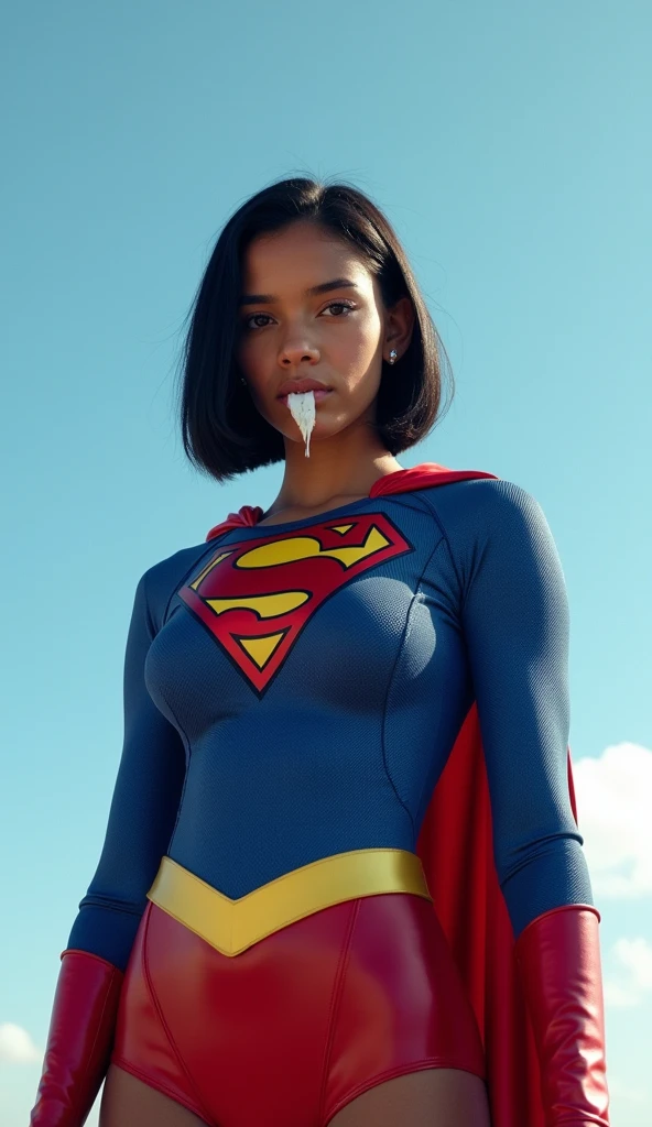 colombian girl, black hair, bob haircut, black eyes, supergirl in tight bodysuit, supergirl costume, sky background, full body, ultra realistic professional photo, look at viewer, RAW photo, white goo on mouth, goo dripping from mouth