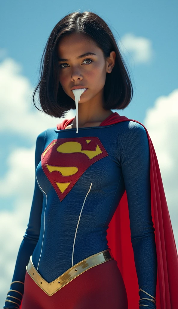 colombian girl, black hair, bob haircut, black eyes, supergirl in tight bodysuit, supergirl costume, sky background, full body, ultra realistic professional photo, look at viewer, RAW photo, white goo on mouth, goo dripping from mouth