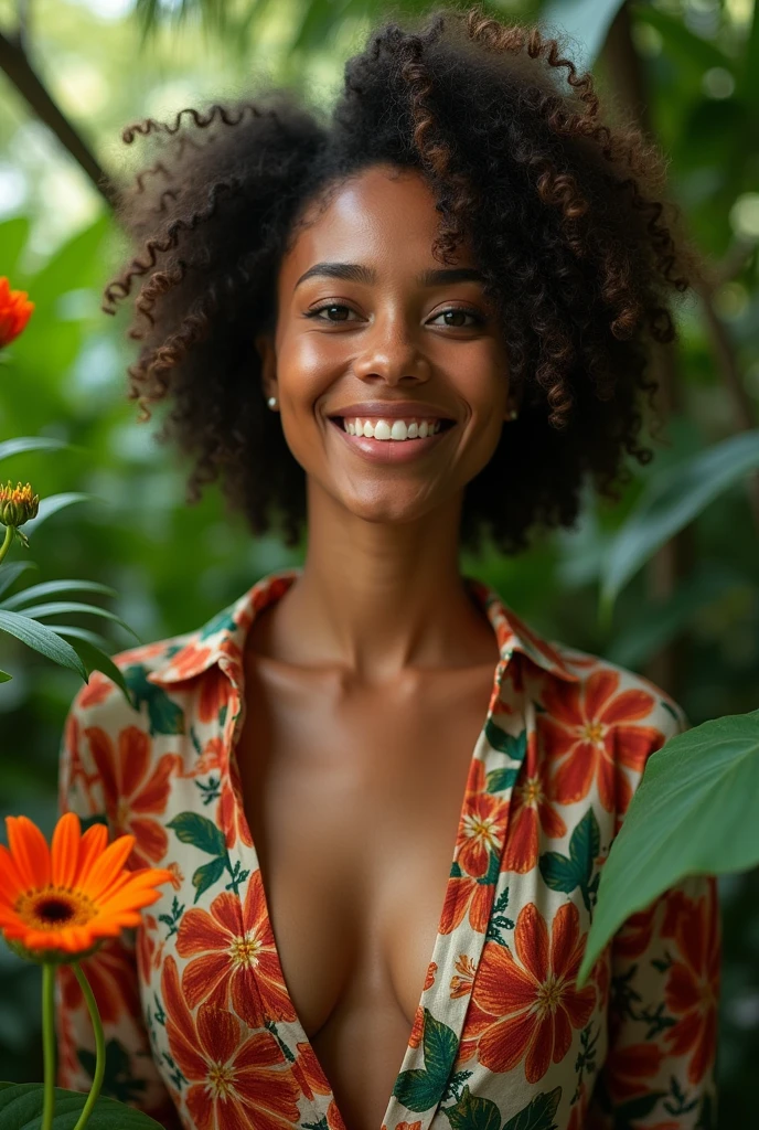 A Brazilian woman in a lush tropical garden, wearing an open shirt with a floral print, with a close-up capturing the harmonious beauty between her breasts and the natural flowers, showing off your natural charm and outgoing personality.