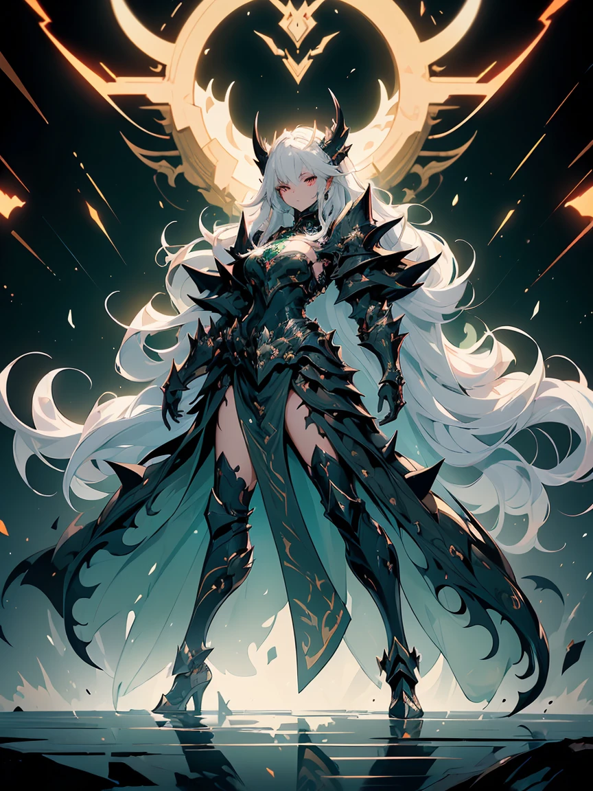 (((masterpiece, Best Quality, high detailed, 16k))) (1 girl) A fierce girl wearing armor reminiscent of green WarGreymon, his eyes burning with determination and strength. Her hair is a deep white with silver streaks., flowing around his fierce expression. She wears a dark, metal armor, adorned with menacing spikes and intricate patterns of red and black, echoing the design of a powerful Digimon warrior. The armor is both robust and elegant., offering maximum protection while enhancing its intimidating presence. She handles a massive, clawed gauntlet, and his posture exudes readiness for battle. Around her, A dark aura pulses with raw energy, hinting at his immense power and relentless spirit. ((full body view:1.4))