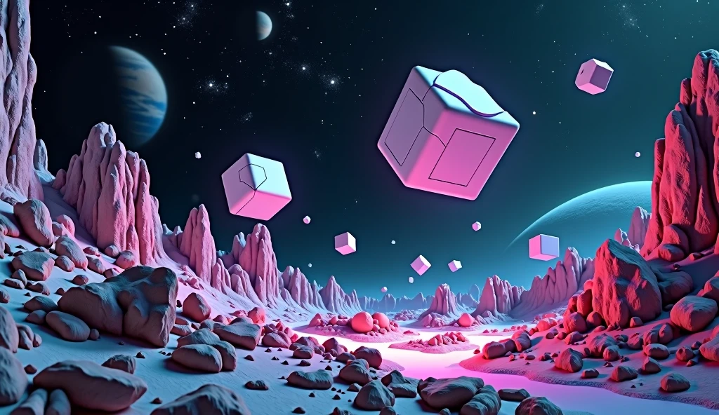 Floating geometrical 3D shapes levitating above ground on a weird landscape filled with old mechanical parts remnants from past civilization. Odd shapes of rock formations are scattered around with glowing neon lights emerging from the ground. It's night time and you can see deep space with pitch black sky with millions of stars and planets. Realistic, hyperrealism, high resolution, 4k hdr, volumetric lighting, extreme quality, sharp details, extremely detailed render. Photography, Photorealistic, realism, extreme detail, high quality graphics, ultra realistic, hyperrealism, high resolution, extreme quality, masterpiece, 4k hdr