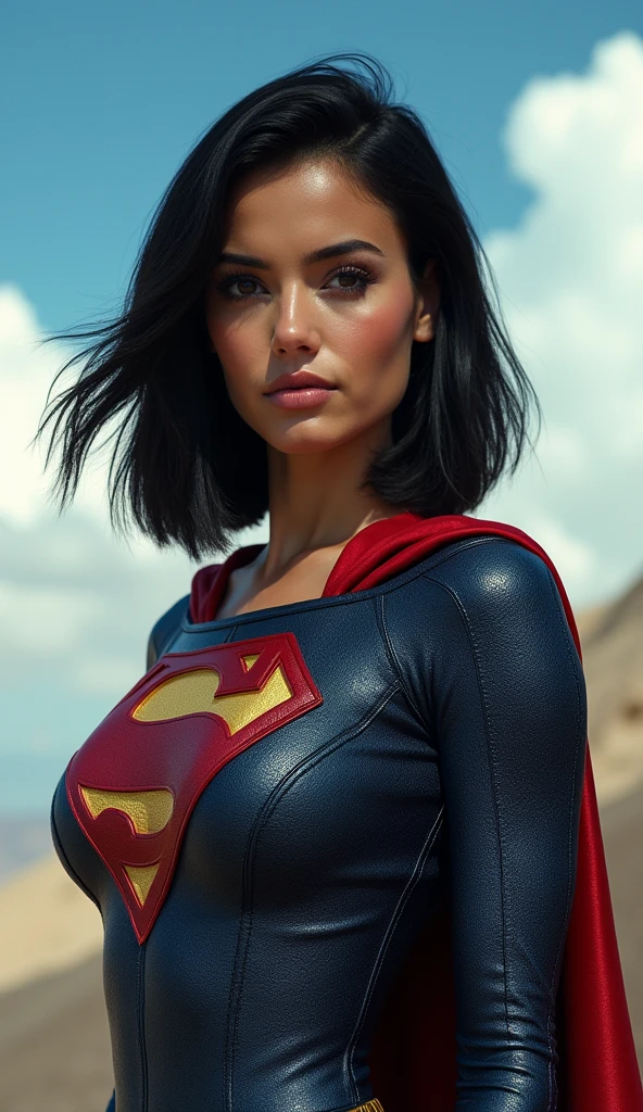 colombian girl, black hair, bob haircut, black eyes, supergirl in tight bodysuit, supergirl costume, sky background, full body, ultra realistic professional photo, look at viewer, RAW photo