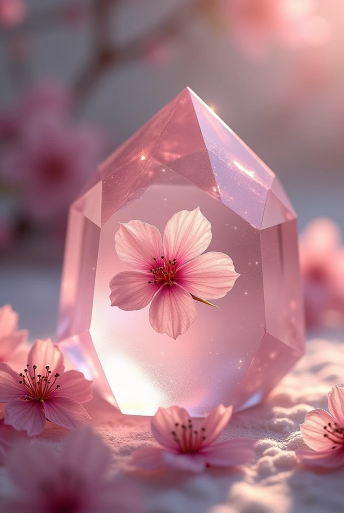 A delicate, rose-colored crystal with a soft glow. The crystal is smooth and symmetrical, featuring intricate, natural facets that catch the light. Inside the crystal, suspended in the center, is a single, perfectly preserved petal of a Sakura cherry blossom. The petal appears almost ethereal, with fine details of its texture visible through the transparent crystal. The background is subtly blurred to keep the focus on the crystal, with soft light reflecting off its surface, enhancing its mystical and elegant appearance.