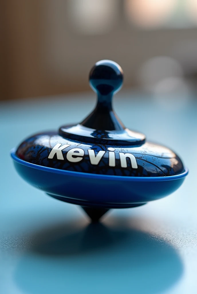 Plastic toy top with the name Kevin the black and blue plastic top