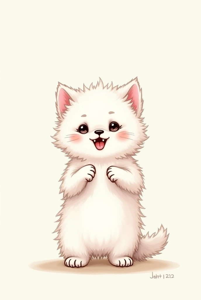 A white kitten with a black and brown nose ,showing his little paws standing up and showing his fangs and looking happy ,drawing