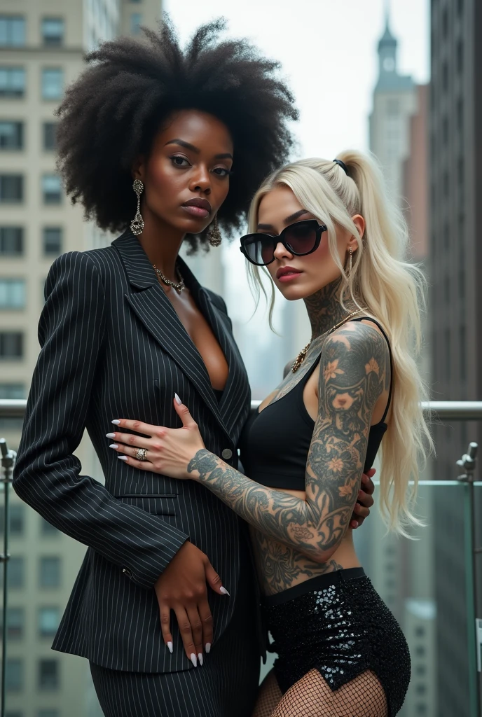 Two russian old milf women: the dominant aggressive dark skinned black woman in business pinstripe cropped blazer, pinstripe pencil skirt and white silk blouse, long nails and afro hair, standing up with separated legs and possessive stance showing off her new white girlfriend to the camera with her hands on her girlfriend's waist and grabbing her arm. Next to her, her white rich drunk girlfriend looks at the camera (white woman is very pale: pale face, pale neck, pale chest, pale arms, pale hands, pale stomach, pale leg), white woman stretches her neck and looks at the camera. White woman leans on her girlfriend . White woman stands up with separated legs. White woman wears low rise back sequins mini skirt and black silk stockings, platinum blonde hair (pouf, top bun, saved sides, wide colourful bandana as headband) and the white woman wears oversized square maxi sunglasses. Big lips with no makeup. White woman Black sequins push up bra. Barefoot.. white woman wears a Lot of thick metallic bracelets in the wrists and big pearl necklaces around the neck. White woman wears Wide loose studded belt with big solid buckle. Loose chains around the hips of the white woman. White woman is leaning back on her girlfriend.. The white woman is densely tattooed on neck, tattoed chest, tattoed stomach, tattoed legs, wrists and feet. White woman has well Toned abdominals, thin neck, slim legs and thin arms. White woman has Narrow hips and noticeable tigh gap. The body of the white woman is twisted in a lazy pose .in the balcony of a skyscraper in nyc