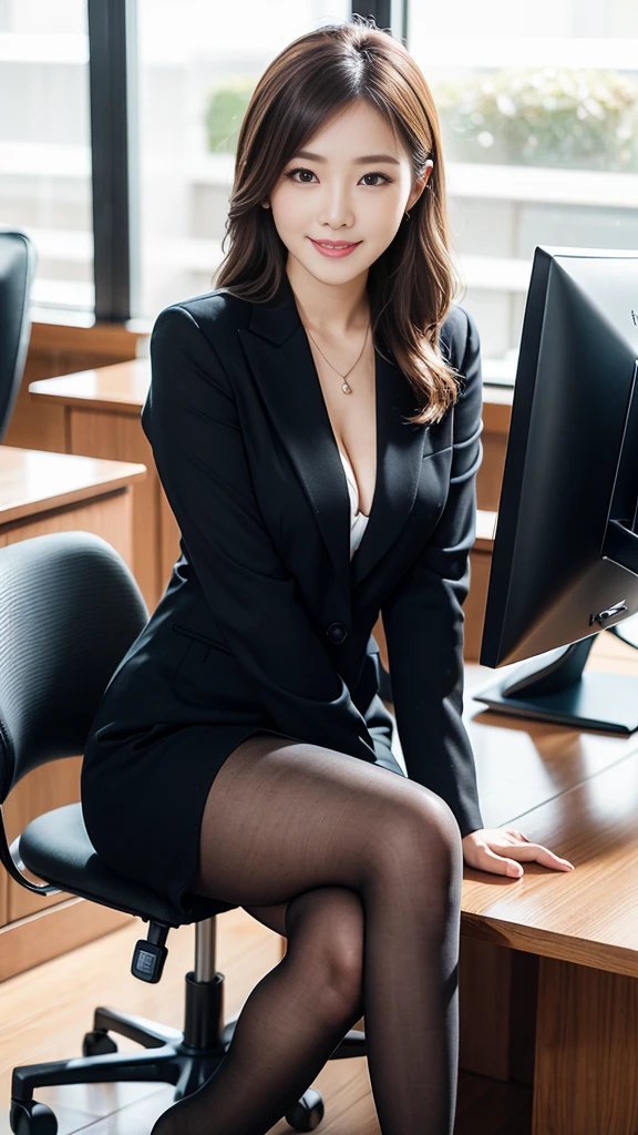 Pure Japanese sales lady, sexual attractive, outstanding body, shiny white skin, wearing formal suits, pantyhose, high heels, natural wavy hair styles, impressive big brown eyes, pure smile, feeling soft breeze in hair, sitting in sales desk, secret temptation, professional portrait photography, 