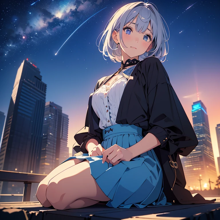 (beautiful girl: 1.3),One girl,masterpiece, Highest quality, Ultra-high resolution,Perfect Face、Detailed face、Detailed eyes、、Attractive eyes、Perfectly shaped、Symmetrical face、 Rich contrast,80s Anime,super high quality,8k, Very detailed,texture,Unbelievably absurd,Highly detailed CG unit wallpaper, Ultra-high resolution,RAW Photos,Depth of written boundary,16K,uhd,Perfect Anatomy, Natural light、Cinematic Realism, Atmospheric lighting, Intricate details,Shadows in the movies,Cinema Lighting,nightのビーチ、Sitting on the beach、night、Beautiful sky（Great view 1.2）、Lots of shooting stars、Looking up at the sky、Looking up at meteors、Full body view、Modern clothing、Realistic clothing、Silver blue hair、Medium Short Hair、Dark、Dark shading、