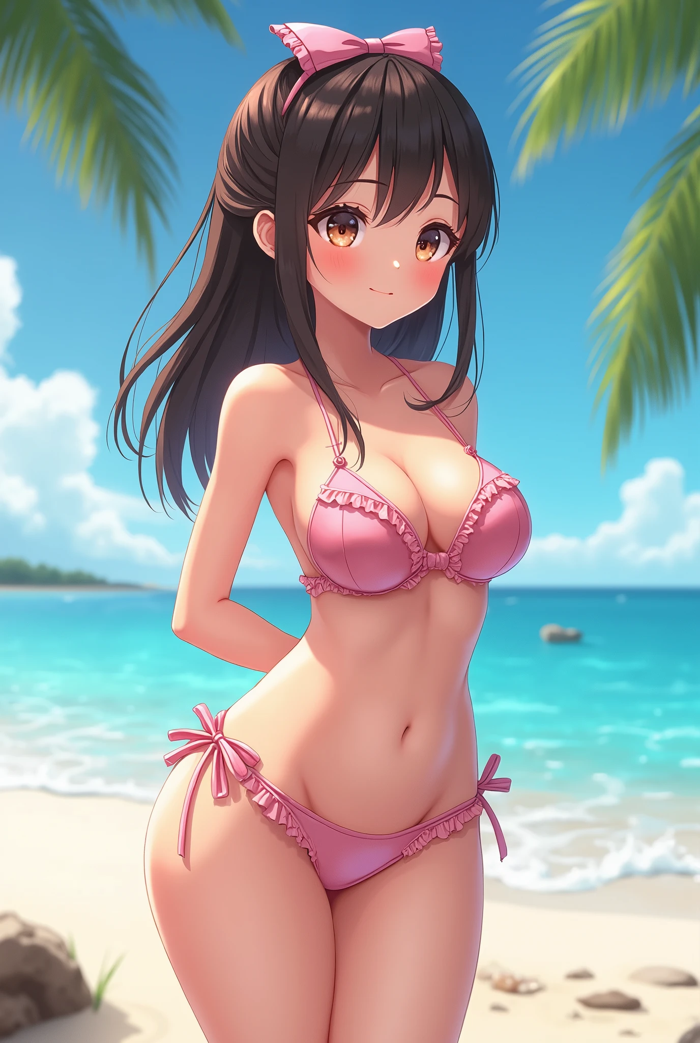 Petite anime girl with big ass and big tits on the beach in an extremely small bikini 