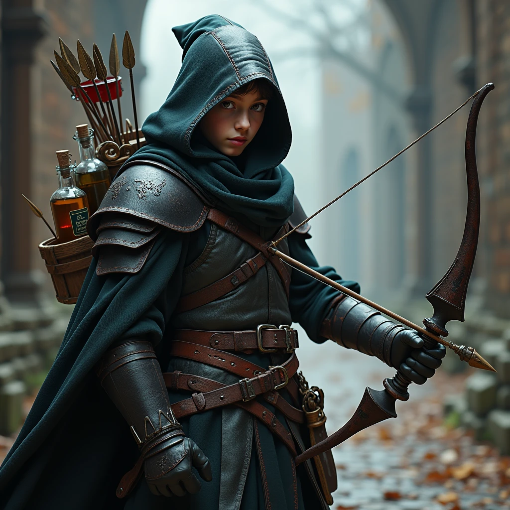 a medieval wizard, wizard warrior, leather armor, leather gauntlets, leather shoulder pads, warrior ager, bow and arrow, potions, Assassin outfit.