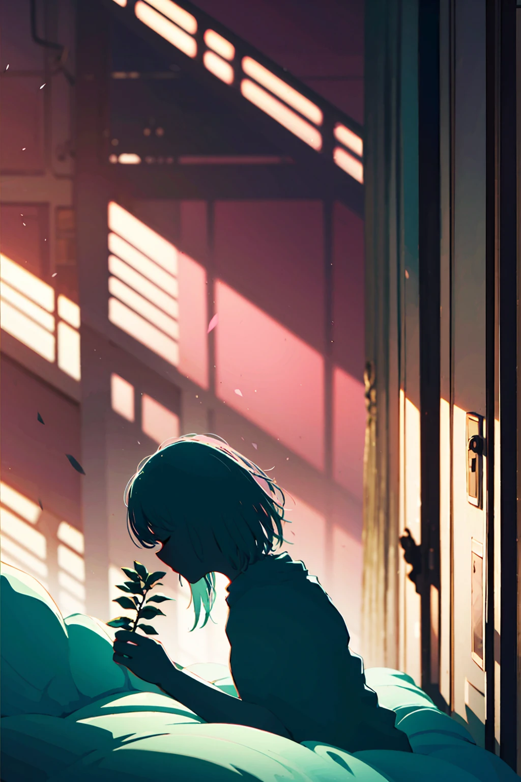 silhouette, female figure, pink background, wall clock, potted plant, soft lighting, flowing hair, artistic shadow, cozy atmosphere, minimalist style, gentle curves, bed sheet, indoor setting, warm tones, anime illustration, side profile, relaxed pose, timepiece detail, gentle ambiance, intimate environment, soft focus, pastel colors, aesthetic composition
