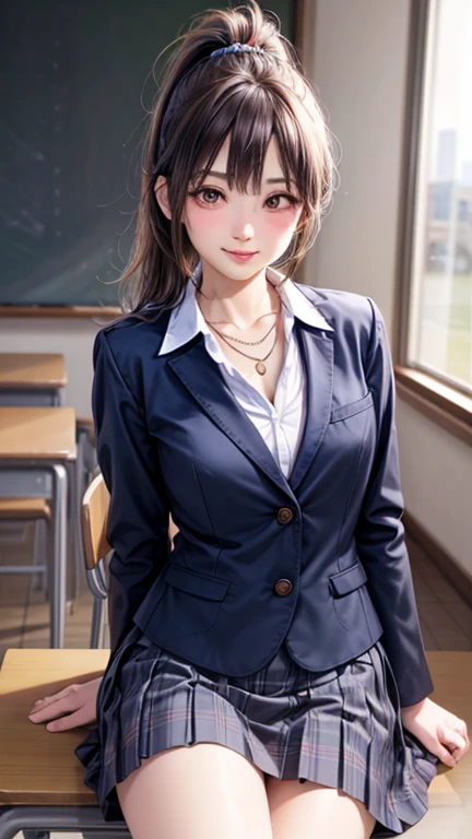 ((highest quality, 8k, masterpiece: 1.3)),((Amazing details: 1.2)),((shape: 1.1)), (Realistic, photoRealistic:1.4), Female Solo,high school girl、Shiny skin, thin, beautiful 髪, Beautiful Face, Highly detailed face, beautiful detailed 目, Beautiful clavicle, Beautiful body, Beautiful breasts, Beautiful thighs, Beautiful legs, Beautiful fingers, (High-quality fabric, (Navy Blazer), red checked tie, A white shirt with a long sleeve and a collar, Grey plaid pleated skirt), Black socks, , (Beautiful views), morning, (classroom) 、Sitting at a desk,,ponytail、 Long eyelashes, Solid Circle Eye, Captivating smile、blush:1.4、tongue、Cleavage:1.3、necklace、Close one eye、Wink、Sit flat on the floor、
