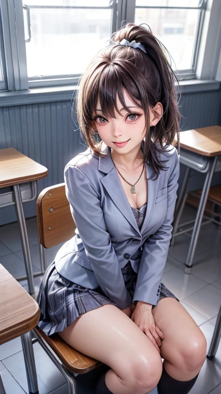 ((highest quality, 8k, masterpiece: 1.3)),((Amazing details: 1.2)),((shape: 1.1)), (Realistic, photoRealistic:1.4), Female Solo,high school girl、Shiny skin, thin, beautiful 髪, Beautiful Face, Highly detailed face, beautiful detailed 目, Beautiful clavicle, Beautiful body, Beautiful breasts, Beautiful thighs, Beautiful legs, Beautiful fingers, (High-quality fabric, (Navy Blazer), red checked tie, A white shirt with a long sleeve and a collar, Grey plaid pleated skirt), Black socks, , (Beautiful views), morning, (classroom) 、Sitting at a desk,,ponytail、 Long eyelashes, Solid Circle Eye, Captivating smile、blush:1.4、tongue、Cleavage:1.3、necklace、Close one eye、Wink、Sit flat on the floor、
