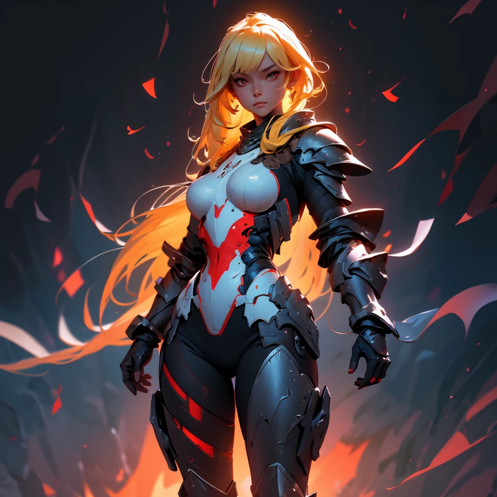 envision a 8k, highres, cinematic, beautiful full body concept art design sheet of a girl with pretty mature features with blonde hair, red eyes, goggles, black tight suit, fantasy armor, jrpg inspired armor, in dark lighting, against a dark gray background