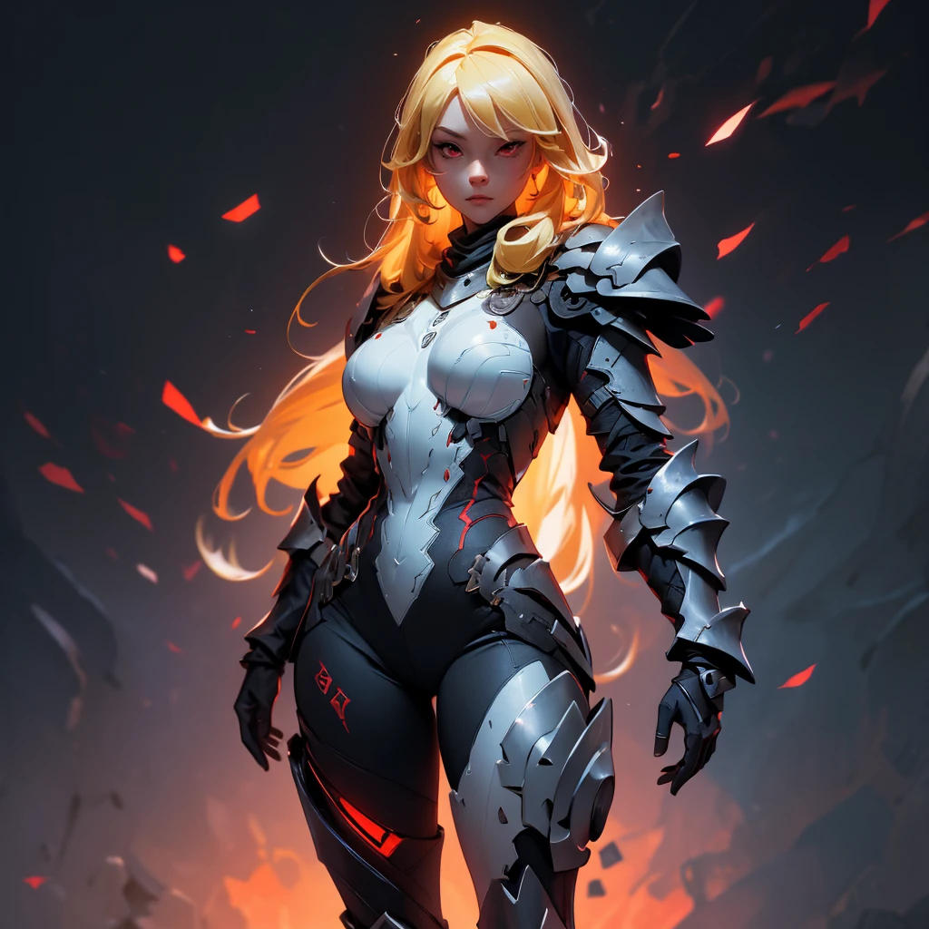 envision a 8k, highres, cinematic, beautiful full body concept art design sheet of a girl with pretty mature features with blonde hair, red eyes, goggles, black tight suit, fantasy armor, jrpg inspired armor, in dark lighting, against a dark gray background