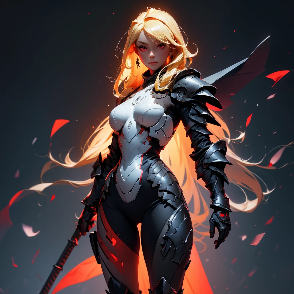 envision a 8k, highres, cinematic, beautiful full body concept art design sheet of a girl with pretty mature features with blonde hair, red eyes, goggles, black tight suit, fantasy armor, jrpg inspired armor, in dark lighting, against a dark gray background