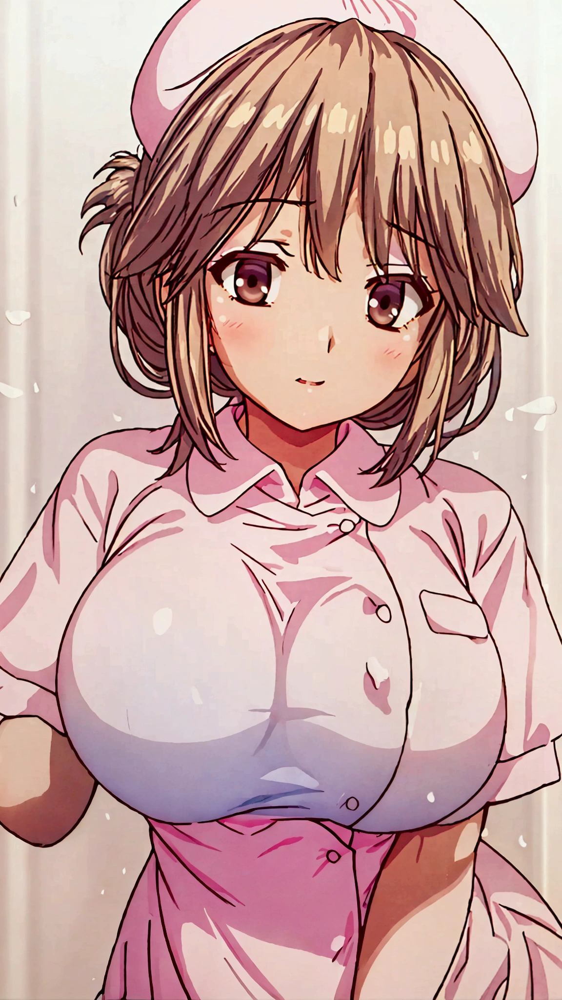 Simple white background, nurse uniform, pink shirt,short sleeves, nurse, nurse cap, brown eyes, brown hair,bangs,Short hair, 1 girl, 20yo,Young female,Beautiful long legs,Beautiful body, Beautiful Nose,Beautiful character design, perfect eyes, perfect face,expressive eyes,perfect balance, looking at viewer,(Focus on her face),closed mouth, (innocent_big_eyes:1.0),(Light_Smile:0.3), official art,extremely detailed CG unity 8k wallpaper, perfect lighting,Colorful, Bright_Front_face_Lighting,White skin, (masterpiece:1.0),(best_quality:1.0), ultra high res,4K,ultra-detailed, photography, 8K, HDR, highres, absurdres:1.2, Kodak portra 400, film grain, blurry background, bokeh:1.2, lens flare, (vibrant_color:1.2),professional photograph, (Beautiful,large_Breasts:1.4), (beautiful_face:1.5),(narrow_waist),