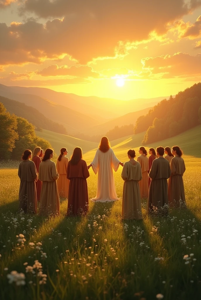 Community of groups of individuals around Christ in a beautiful meadow at sunset with Christ being the center of attention