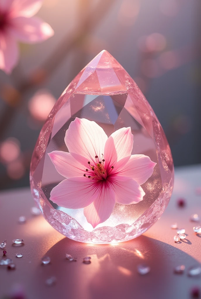 A delicate, rose-colored crystal with a soft glow. The crystal is smooth and symmetrical, featuring intricate, natural facets that catch the light. Inside the crystal, suspended in the center, is a single, perfectly preserved petal of a Sakura cherry blossom. The petal appears almost ethereal, with fine details of its texture visible through the transparent crystal. The background is subtly blurred to keep the focus on the crystal, with soft light reflecting off its surface, enhancing its mystical and elegant appearance.