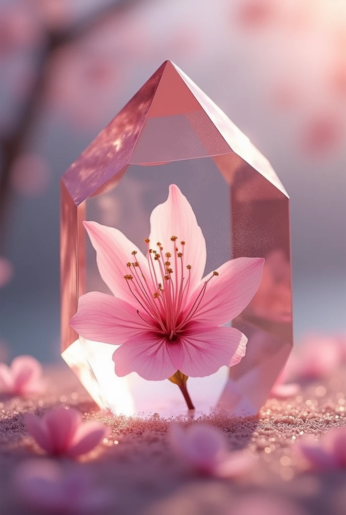 A delicate, rose-colored crystal with a soft glow. The crystal is smooth and symmetrical, featuring intricate, natural facets that catch the light. Inside the crystal, suspended in the center, is a single, perfectly preserved petal of a Sakura cherry blossom. The petal appears almost ethereal, with fine details of its texture visible through the transparent crystal. The background is subtly blurred to keep the focus on the crystal, with soft light reflecting off its surface, enhancing its mystical and elegant appearance.